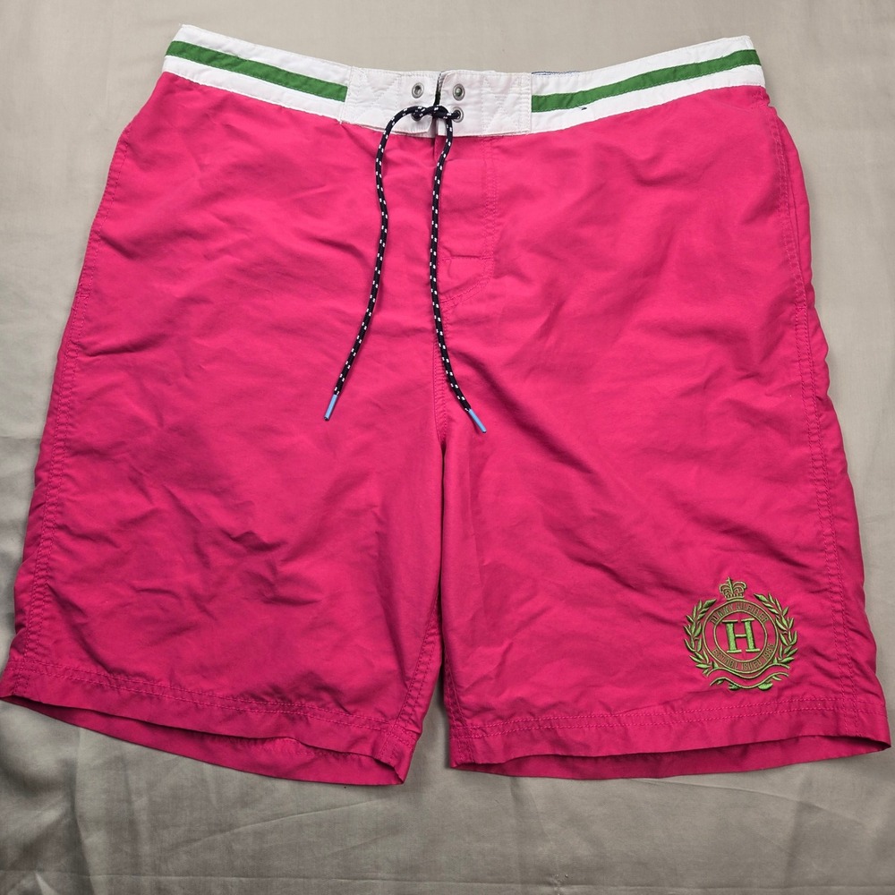 Tommy Hilfiger Mens Swim Trunks Pink Green White‎ Crest Logo Board Shorts 763138